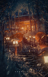 Rule 34 | absurdres, commentary request, dated, fantasy, forest, highres, landscape, lantern, nature, night, oil-paper umbrella, original, rei (lappy mofumofu), rock, scenery, shrine, signature, snow, snowing, stairs, standing, stone stairs, torii, tree, umbrella, winter