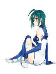Rule 34 | 00s, 1girl, ahoge, antenna hair, arm support, ass, back, bare shoulders, blue footwear, blue gloves, blue thighhighs, blush, boots, breasts, covered erect nipples, dimples of venus, elbow gloves, facial mark, fingerless gloves, from side, full body, gloves, green hair, hair between eyes, halterneck, highres, kannagi itsuki, knee up, leotard, light smile, looking at viewer, looking back, medium breasts, pilot suit, profile, purple eyes, satou atsuki, shadow, short hair, simple background, single thighhigh, sitting, smile, solo, sora wo kakeru shoujo, thigh boots, thigh strap, thighhighs, turtleneck, white background