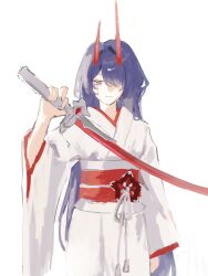 Rule 34 | 1girl, acheron (honkai: star rail), arm up, blood, bloody tears, closed mouth, detached sleeves, hair over one eye, highres, holding, holding sword, holding weapon, honkai: star rail, honkai (series), horns, japanese clothes, long hair, purple eyes, purple hair, red horns, red sash, sash, single bare shoulder, solo, sword, wago wagoo, weapon, white background