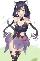 Rule 34 | 1girl, animal ear fluff, animal ears, bare shoulders, black hair, black thighhighs, blush, breasts, cat ears, cat girl, cat tail, cleavage, collarbone, commentary request, detached sleeves, dress, fang, gem, green eyes, highres, inanami, karyl (princess connect!), long hair, looking at viewer, low twintails, medium breasts, multicolored hair, navel, one eye closed, open mouth, princess connect!, simple background, sleeveless, sleeveless dress, solo, streaked hair, tail, tearing up, thighhighs, torn clothes, torn dress, torn thighhighs, twintails, very long hair, white background, white hair