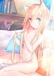 Rule 34 | 1girl, animal ear fluff, animal ears, bed, blonde hair, blue eyes, blurry, blurry background, blush, book, breasts, cleavage, closed mouth, collarbone, depth of field, groin, hair between eyes, hair censor, hair over breasts, hands in hair, hands up, head tilt, heart, highres, long hair, navel, nude, on bed, original, peas (peas0125), pillow, signature, sitting, small breasts, smile, solo, tail, very long hair, wariza