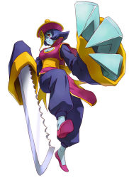 Rule 34 | 1girl, baggy pants, blue hair, blue skin, blush stickers, breasts, capcom, chinese clothes, claws, cleavage, cleavage cutout, clothing cutout, colored skin, duplicate, flats, flipped hair, hat, jiangshi, large breasts, lei lei, official art, ofuda, pants, project x zone, qingdai guanmao, sash, saw, short hair, smile, solo, vampire (game)
