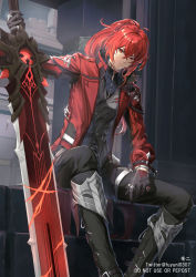 Rule 34 | 1boy, black gloves, black pants, closed mouth, coat, collared coat, collared jacket, crossed bangs, diluc (genshin impact), diluc (red dead of night) (genshin impact), fuyuni0307, genshin impact, gloves, high ponytail, highres, jacket, official alternate costume, pants, red coat, red eyes, red hair, sitting, waistcoat, wolf&#039;s gravestone (genshin impact)