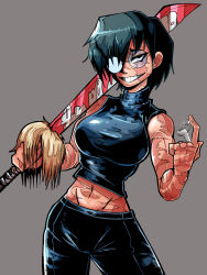 Rule 34 | 1girl, absurdres, blood, breasts, facial scar, female focus, glasses, highres, jujutsu kaisen, katana, large breasts, looking at viewer, midriff, muscular, muscular arms, muscular female, navel, scar, scar across eye, scar on arm, scar on cheek, scar on chest, scar on face, scar on forehead, scar on nose, shaded face, sign, smile, solo, sword, uniform, weapon, yellow eyes, zenin maki