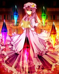 Rule 34 | 1girl, bad id, bad pixiv id, blush, book, bookshelf, bow, crescent, crystal, dress, female focus, hair bow, hat, library, long hair, magic circle, mob cap, patchouli knowledge, philosopher&#039;s stone, pirororon, purple eyes, purple hair, smile, solo, touhou, voile