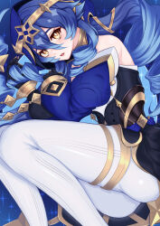 Rule 34 | 1girl, absurdres, amaneiru, bare shoulders, black gloves, blue hair, bright pupils, commentary request, drill hair, drill sidelocks, feet out of frame, genshin impact, gloves, highres, hood, jewelry, layla (genshin impact), long hair, neck ring, pantyhose, parted lips, partial commentary, sidelocks, solo, thighlet, thighs, very long hair, white pantyhose, white pupils, yellow eyes