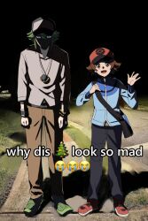 2boys :d bag bangle black_pants blue_jacket bracelet brown_eyes brown_hair brown_pants creatures_(company) crying_emoji emoji english_text face_in_shadow game_freak green_footwear green_hair hands_up hat highres hilbert_(pokemon) holding_strap jacket jewelry long_sleeves looking_at_viewer male_focus meme multiple_boys n_(pokemon) necklace night nintendo open_mouth outdoors p_(flavorppp) pants photo_background pokemon pokemon_bw shirt shoes short_hair shoulder_bag sidewalk smile standing why_dis_ninja_look_so_mad_(meme) wristband