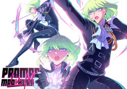 Rule 34 | arrow (projectile), ascot, bae (baebae), black gloves, black jacket, blue fire, bow (weapon), drawing bow, fire, gloves, green hair, half gloves, holding, holding bow (weapon), holding weapon, jacket, lio fotia, male focus, multiple views, promare, purple eyes, purple fire, pyrokinesis, weapon