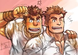 Rule 34 | 2boys, bara, blush, brown eyes, brown hair, bunta ru, collared shirt, couple, facial hair, forked eyebrows, hand on another&#039;s shoulder, large pectorals, long sideburns, male focus, multiple boys, muscular, muscular male, one eye closed, pectorals, protagonist 3 (housamo), shirt, short hair, sideburns, sketch, smile, stubble, takabushi kengo, tearing up, thick eyebrows, tokyo houkago summoners, upper body, white shirt