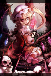 Rule 34 | 1girl, :o, blonde hair, blush, chain, cuffs, female focus, fence, flandre scarlet, hat, hat ribbon, letterboxed, long hair, looking at viewer, red eyes, ribbon, shackles, side ponytail, sitting, skirt, skull, solo, striped clothes, striped thighhighs, sumisu (mondo), sword, thighhighs, touhou, weapon, wings
