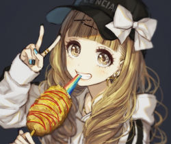 Rule 34 | 1girl, blonde hair, bow, brown eyes, casual, contemporary, dress, earrings, eating, food, grin, hair bow, hair ornament, hairclip, hat, jessica (jinrou judgment), jewelry, jinrou judgment, long hair, looking at viewer, murayama (u k), necklace, ring, smile, solo, v