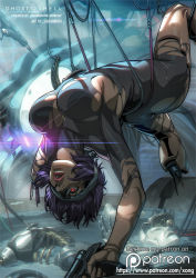 Rule 34 | 1girl, android, artist name, ass, breasts, constricted pupils, ghost in the shell, gun, hanging, kusanagi motoko, lips, parted lips, patreon, patreon username, purple hair, red eyes, ryona, skin tight, solo, tachikoma, teeth, torn clothes, water, watermark, weapon, web address, xong