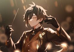 Rule 34 | 1boy, alternate costume, antenna hair, black gloves, brown background, brown theme, earrings, formal, genshin impact, gloves, hair between eyes, highres, jewelry, long hair, male focus, open hand, req, rns9ws, simple background, smile, solo, tuxedo, upper body, zhongli (genshin impact)