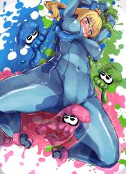 Rule 34 | 1girl, blonde hair, blue eyes, bodysuit, bound, bound arms, bound legs, breasts, cameltoe, clenched teeth, covered navel, gluteal fold, grabbing, grabbing another&#039;s breast, highres, ink, inkling, inkling (squid), inkling player character, lying, metroid, nintendo, on back, ponytail, pussy juice stain, samus aran, skin tight, speed lines, splatoon (series), spread legs, squid, super smash bros., teeth, tentacles, through clothes, yuzumiya mono, zero suit