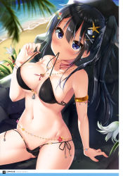 Rule 34 | 1girl, absurdres, arm support, armlet, artist name, beach, bikini, bikini pull, black bikini, black hair, blue eyes, blush, bracelet, breasts, clothes pull, cowboy shot, day, flower, groin, hair between eyes, hair flower, hair ornament, hairclip, highres, jewelry, komiya hitoma, large breasts, long hair, mole, mole under mouth, mouth hold, multicolored nails, nail polish, navel, necklace, original, outdoors, page number, shell hair ornament, shiny skin, side ponytail, sideboob, sitting, solo, star (symbol), star hair ornament, starfish hair ornament, swimsuit, underboob, untied bikini, white flower