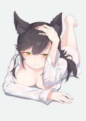 Rule 34 | 1girl, animal ears, arm support, atago (azur lane), azur lane, black hair, blush, breasts, dress shirt, foreshortening, hand on own head, highres, large breasts, legs up, long hair, looking at viewer, lying, mole, mole under eye, naked shirt, on stomach, open clothes, open shirt, peaceyj, shirt, simple background, smile, solo, swept bangs, white background, white shirt, yellow eyes