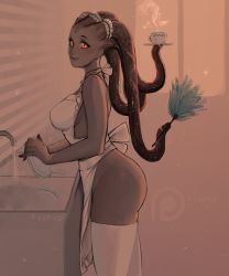 Rule 34 | 1girl, absurdres, apron, ass, bad id, bad tumblr id, blush, breasts, brown hair, colored skin, commentary, cowboy shot, cup, dark-skinned female, dark skin, dishes, dishwashing, duster, faucet, feather duster, from side, grey skin, hair ornament, highres, holding, holding tray, long hair, looking at viewer, looking to the side, maid, maid apron, maid headdress, matilda fiship, medium breasts, monster girl, naked apron, original, parted lips, patreon logo, patreon username, plate, prehensile hair, red eyes, slit pupils, smile, snake, snake hair, solo, standing, thighhighs, tray, white thighhighs
