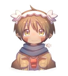 Rule 34 | 1boy, bandam, blush, breast pocket, brown hair, brown jacket, child, closed mouth, commentary request, cropped torso, dark-skinned male, dark skin, facial mark, hairband, highres, jacket, looking at viewer, made in abyss, male focus, open mouth, pocket, pointy ears, regu (made in abyss), shirt, short hair, signature, simple background, slit pupils, smile, straight-on, thick eyebrows, whistle, whistle around neck, white background, white shirt, yellow eyes