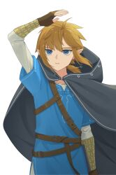 Rule 34 | 1boy, arm above head, belt, black cloak, blonde hair, blue eyes, blue tunic, brown gloves, cloak, cowboy shot, fingerless gloves, floating clothes, floating hair, gloves, highres, hood, hood down, hooded cloak, link, long sleeves, looking at viewer, nintendo, nzmtarou, open clothes, parted lips, pointy ears, shirt, short sleeves, solo, the legend of zelda, the legend of zelda: breath of the wild, white shirt