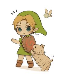 Rule 34 | 1boy, animal, ayu (mog), belt, blonde hair, blush, boots, brown belt, brown footwear, chibi, dog, dot nose, full body, green headwear, green tunic, link, male focus, navi, nintendo, open mouth, pointy ears, scottish terrier, shield, shield on back, short hair, signature, sword, the legend of zelda, the legend of zelda: ocarina of time, weapon, weapon on back, white background, wooden shield, young link