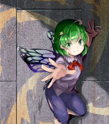 Rule 34 | 1860 (ichi), 1girl, against wall, antennae, bow, commentary request, flat chest, green eyes, green hair, hair between eyes, hair ornament, hairclip, hip vent, insect wings, looking at viewer, open hand, outstretched hand, reaching, reaching towards viewer, red bow, red neckwear, shadow, shirt, short hair, short sleeves, shorts, smile, solo, star (symbol), star hair ornament, stone wall, touhou, untucked shirt, wall, white shirt, wings, wriggle nightbug
