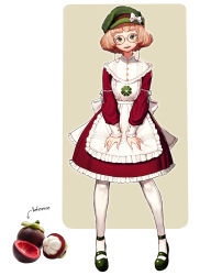 Rule 34 | 1girl, absurdres, apron, black footwear, blonde hair, bow, brown background, dress, frilled apron, frills, full body, green eyes, green hat, hat, hat bow, highres, long sleeves, looking at viewer, mangosteen, open mouth, original, pantyhose, personification, red dress, rinotuna, short hair, smile, solo, standing, white apron, white bow, white pantyhose
