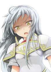 Rule 34 | 1girl, absurdres, ahoge, angry, armor, braid, d:, emilia justina, frown, grey hair, has bad revision, has downscaled revision, hataraku maou-sama!, highres, md5 mismatch, oozora itsuki, open mouth, resolution mismatch, shaded face, side braid, solo, source smaller, upper body, yellow eyes, yusa emi