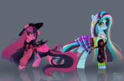 Rule 34 | 1girl, 1other, animalization, bat (animal), bat wings, black bow, black hair, bow, bowtie, colored skin, draculaura, fangs, frankie stein, heterochromia, highres, long hair, long tail, monster high, monster high (g3), multicolored hair, my little pony, my little pony: friendship is magic, neon palette, petaltwinkle, pink eyes, pink hair, pink skin, plaid, plaid skirt, prosthesis, prosthetic leg, skirt, stitches, striped hair, tail, tongue, tongue out, two-tone hair, two-tone skirt, vampire, wings