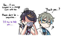 Rule 34 | 2boys, ?, ammy (ammy 559), black shirt, blue hair, brown hair, commentary, confused, english commentary, english text, glasses, gloves, hair behind ear, ike eveland, ike eveland (1st costume), jacket, male focus, multicolored hair, multiple boys, nijisanji, nijisanji en, orange hair, parted lips, purple hair, shaded face, shirt, shu yamino, shu yamino (1st costume), streaked hair, virtual youtuber, white gloves, white jacket, yellow eyes