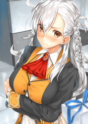 Rule 34 | 1girl, b-ginga, blush, box, braid, breast hold, breasts, brooch, brown eyes, buttons, crossed arms, embarrassed, eyes visible through hair, fate/grand order, fate (series), gift, gift box, hair over one eye, holding, holding gift, jewelry, long hair, long sleeves, looking at viewer, olga marie animusphere, pov, shirt, side braid, silver hair, solo focus, white shirt, wing collar