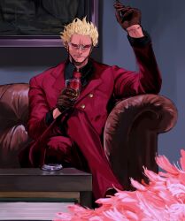 Rule 34 | 1boy, arm up, ashtray, black shirt, blonde hair, brown gloves, coat, commentary, couch, crossed legs, cup, donquixote doflamingo, drinking glass, earrings, edgegeno, feather coat, formal, gloves, highres, holding, holding cup, indoors, jewelry, looking at viewer, male focus, necktie, on couch, one piece, painting (object), pants, pink coat, red necktie, red pants, red suit, shirt, short hair, sitting, solo, suit, sunglasses, symbol-only commentary, table, wine glass