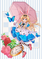 Rule 34 | 1girl, :d, alice (alice in wonderland), alice in wonderland, animal ears, black bow, blonde hair, blue butterfly, blue dress, book, bow, bug, butterfly, clock, dress, flower, frilled dress, frills, full body, hair bow, holding, holding umbrella, insect, kawanobe, long hair, looking at viewer, open mouth, parasol, pink footwear, pink umbrella, puffy short sleeves, puffy sleeves, rabbit ears, ribbon, short sleeves, simple background, smile, solo, striped background, striped clothes, striped legwear, striped thighhighs, thighhighs, umbrella