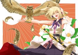 Rule 34 | 1girl, armpits, bird, bird on hand, black sailor collar, blonde hair, breasts, earmuffs, feathered wings, feathers, flower, gold bracelet, hair between eyes, highres, large breasts, looking at viewer, medium hair, mr. pepe r, open mouth, owl, pointy hair, purple ribbon, purple skirt, ribbon, sailor collar, sheath, shirt, skirt, sleeveless, sleeveless shirt, solo, sword, touhou, toyosatomimi no miko, weapon, white flower, white shirt, wings, yellow eyes