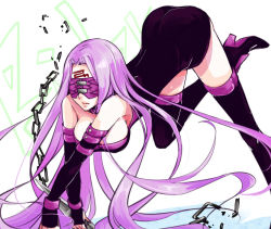 Rule 34 | 1girl, ass, blindfold, boots, breasts, facial mark, fate/stay night, fate (series), female focus, h311cat, large breasts, long hair, medusa (fate), medusa (rider) (fate), purple eyes, purple hair, solo, standing, standing on one leg, thigh boots, thighhighs, top-down bottom-up, very long hair