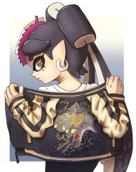 Rule 34 | 1girl, black hair, black jacket, border, bow-shaped hair, brown eyes, callie (splatoon), closed mouth, commentary request, earrings, food, food on head, from behind, gradient background, grey background, highres, hoop earrings, horrorboros, inkling, jacket, jewelry, long hair, looking back, mole, mole under eye, nintendo, object on head, open clothes, open jacket, pointy ears, print jacket, salmon run (splatoon), shirt, splatoon (series), splatoon 1, splatoon 3, star-shaped pupils, star (symbol), sushi, symbol-shaped pupils, tara sli, tentacle hair, twintails, white border, white shirt