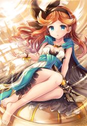 Rule 34 | 10s, 1girl, anklet, arm support, barefoot, blue eyes, bracelet, cape, dress, dust, feet, floating hair, full body, granblue fantasy, hairband, in palm, jewelry, leaning to the side, long hair, looking at viewer, orange hair, parted lips, sakura ani, sand, sara (granblue fantasy), sitting, solo, sparkle, tears, wind, yokozuwari