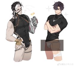 Rule 34 | 2boys, absurdres, aki (neural cloud), bandaged leg, bandages, black hair, black leotard, black shirt, bulge, cigarette, commentary request, cowboy shot, crossed arms, dog tags, earpiece, fingerless gloves, fire, fire, fundoshi, girls&#039; frontline, girls&#039; frontline neural cloud, gloves, grin, hair over one eye, hand on own hip, heterochromia, highres, japanese clothes, leotard, looking at viewer, male focus, male underwear, mechanical arms, mofa shaonian xiao bai, multicolored hair, multiple boys, muscular, muscular male, no pants, pectorals, python (neural cloud), scar, scar on face, shirt, short hair, simple background, single mechanical arm, smile, smoking, sparkle, thighs, underwear, weibo watermark, white background, white hair, white male underwear