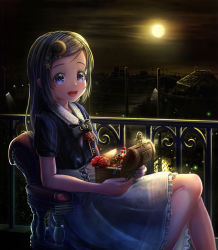Rule 34 | 1girl, :d, aiuabo, balcony, black hair, black ribbon, chair, commentary request, crescent, crescent hair ornament, flower, frilled shirt collar, frilled skirt, frills, full moon, hair ornament, hairpin, highres, holding, key, long hair, moon, nail polish, neck ribbon, night, no bangs, open mouth, original, outdoors, power lines, purple eyes, railing, red flower, red rose, ribbon, rose, round teeth, shirt, short sleeves, skirt, smile, solo, star (symbol), star hair ornament, striped clothes, striped shirt, teeth, treasure chest, upper teeth only, utility pole, vertical-striped clothes, vertical-striped shirt