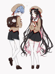 Rule 34 | 1boy, 1girl, absurdres, aged down, bag, black hair, black skirt, blue eyes, blue hair, blush, breast pocket, breasts, brown footwear, brown jacket, brown vest, closed mouth, collared shirt, commentary, cross print, double bun, expressionless, facial mark, fate/grand order, fate (series), forehead mark, forehead tattoo, fou (fate), full body, hair bun, hans christian andersen (fate), hat, highres, homurahara academy school uniform, jacket, loafers, long hair, looking at viewer, miniskirt, multicolored hair, neck ribbon, official alternate costume, pantyhose, parted bangs, pink hair, pith u, pleated skirt, pocket, puffy short sleeves, puffy sleeves, red ribbon, revision, ribbon, sailor collar, school bag, school uniform, sessyoin kiara, sessyoin kiara (lily), shirt, shoes, short hair, short sleeves, shorts, skirt, small breasts, streaked hair, thighhighs, very long hair, vest, wavy hair, white pantyhose, white sailor collar, white thighhighs, yellow eyes, zettai ryouiki