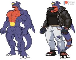 Rule 34 | 1boy, abs, biceps, black sclera, claws, colored sclera, colored skin, creatures (company), denim, dragon horns, dragon tail, e-zoid, fins, fish tail, game freak, garchomp, gen 4 pokemon, glans, gloves, highres, horns, jacket, jeans, jewelry, looking at viewer, looking down, male focus, multicolored skin, muscular, muscular arms, muscular legs, muscular male, necklace, nintendo, nipples, nude, pants, pectorals, pokemon, shark fin, shark tail, smile, solo, tail, yellow eyes