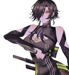 Rule 34 | 1girl, bare shoulders, belt, belt bra, belt pouch, black belt, black hair, breasts, center opening, chest belt, cleavage, cleavage cutout, clothing cutout, hair over one eye, highres, holding, holding knife, holding weapon, katana, knife, large breasts, looking at viewer, nijisanji, official alternate costume, official alternate hairstyle, orange eyes, pouch, scabbard, sheath, sheathed, shirayuki tomoe, shirayuki tomoe (10th costume), short hair, sidelocks, solo, sword, virtual youtuber, weapon, zero zhengyi