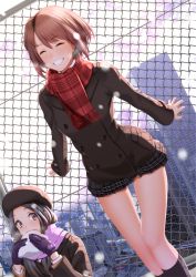 Rule 34 | 2girls, ^ ^, beret, black socks, blazer, brown eyes, brown hair, buttons, chain-link fence, city, closed eyes, coat, double-breasted, eating, fence, gloves, grey hair, grin, hat, jacket, kneehighs, legs, multiple girls, nanahime, original, purple gloves, purple scarf, red scarf, scarf, short hair, sitting, skirt, smile, snowing, socks, solo focus, teeth, thigh gap, thighs, winter clothes, winter coat