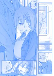 Rule 34 | 1boy, 1girl, :d, ^ ^, ai-chan (tawawa), blazer, blue theme, braid, breast press, breasts, clenched teeth, closed eyes, comic, faceless, faceless male, flying sweatdrops, getsuyoubi no tawawa, hair between eyes, head out of frame, height difference, himura kiseki, jacket, large breasts, monochrome, multiple views, naughty face, necktie, open mouth, original, profile, school uniform, short hair, silent comic, smile, teeth, train, train interior, trembling