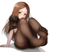 Rule 34 | 1girl, arm support, brown hair, chacha (fate), fate/grand order, fate (series), feet, looking at viewer, magic xiang, no bra, pantyhose, solo
