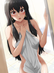 Rule 34 | 1girl, backlighting, black hair, blush, breasts, completely nude, covering privates, doorway, earrings, hand on own chest, highres, holding, holding towel, indoors, jewelry, large breasts, long hair, looking at viewer, nude, nude cover, open mouth, poa mellhen, red eyes, sideboob, sidelocks, solo, spy x family, towel, very long hair, yor briar