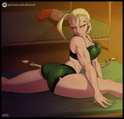 Rule 34 | 1girl, ass, bed, beret, blaxvel, blonde hair, braid, breasts, cammy white, cleavage, commentary, english commentary, exercising, eyelashes, facial scar, hat, large breasts, lips, looking back, midriff, muscular, muscular female, on floor, scar, scar on cheek, scar on face, shorts, signature, sparkling sweat, split, sports bra, spread legs, street fighter, stretching, sweat, thick thighs, thighs, tile floor, tiles, twin braids, unworn hat, unworn headwear, yoga mat