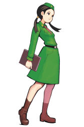 Rule 34 | 1girl, advance wars, advance wars: dual strike, arched back, belt, black eyes, black hair, book, boots, flat chest, full body, garrison cap, hair bobbles, hair ornament, hat, highres, hirata ryou, long hair, military, military uniform, necktie, nintendo, official art, simple background, skirt, solo, sonja (advance wars), standing, tiptoes, twintails, uniform