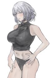 Rule 34 | 1girl, alternate costume, black panties, blush, breasts, commentary, cowboy shot, crop top, english commentary, from side, girls&#039; frontline, grey eyes, grey hair, hand on own hip, highres, johnny63129616, large breasts, midair, open mouth, panties, rpk-16 (girls&#039; frontline), short hair, simple background, sleeveless, smile, solo, teeth, underwear, white background