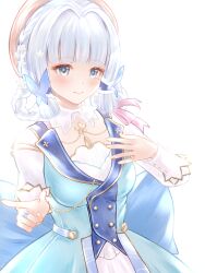 Rule 34 | 1girl, absurdres, afezeria, ayaka (genshin impact), back bow, blue bow, blue dress, blue eyes, blue hair, blunt bangs, blunt tresses, blush, bow, braid, breasts, butterfly hair ornament, dress, flower, genshin impact, hair flower, hair ornament, hand on own chest, hands up, hat, highres, index finger raised, kamisato ayaka, kamisato ayaka (springbloom missive), light blue hair, long sleeves, looking at viewer, medium breasts, mole, mole under eye, official alternate costume, official alternate hairstyle, simple background, solo, upper body, white background
