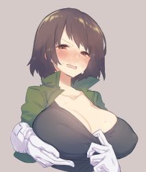 Rule 34 | 1boy, 1girl, aged up, alternate breast size, bad id, bad pixiv id, blush, breasts, brown eyes, brown hair, chara (undertale), closed mouth, gloves, huge breasts, open mouth, oshiruko (tsume), shirt, short hair, simple background, underswap, undertale, upper body, white gloves